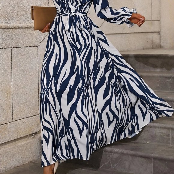 White Boho Womens Zebra Striped Surplice Neck Belted Dress - Picture 3 of 5